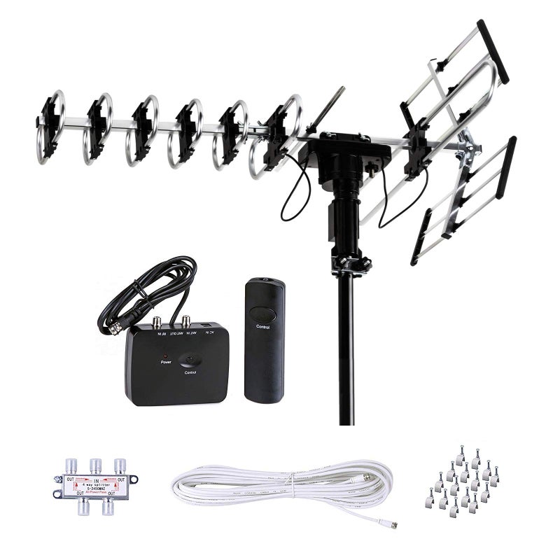 Five Star Outdoor Antenna HD TV 200 Miles Range with Motorized 360Â° Rotation, UHF/VHF/FM Radio with Infrared Remote Control Plus Installation Kit - Image 1